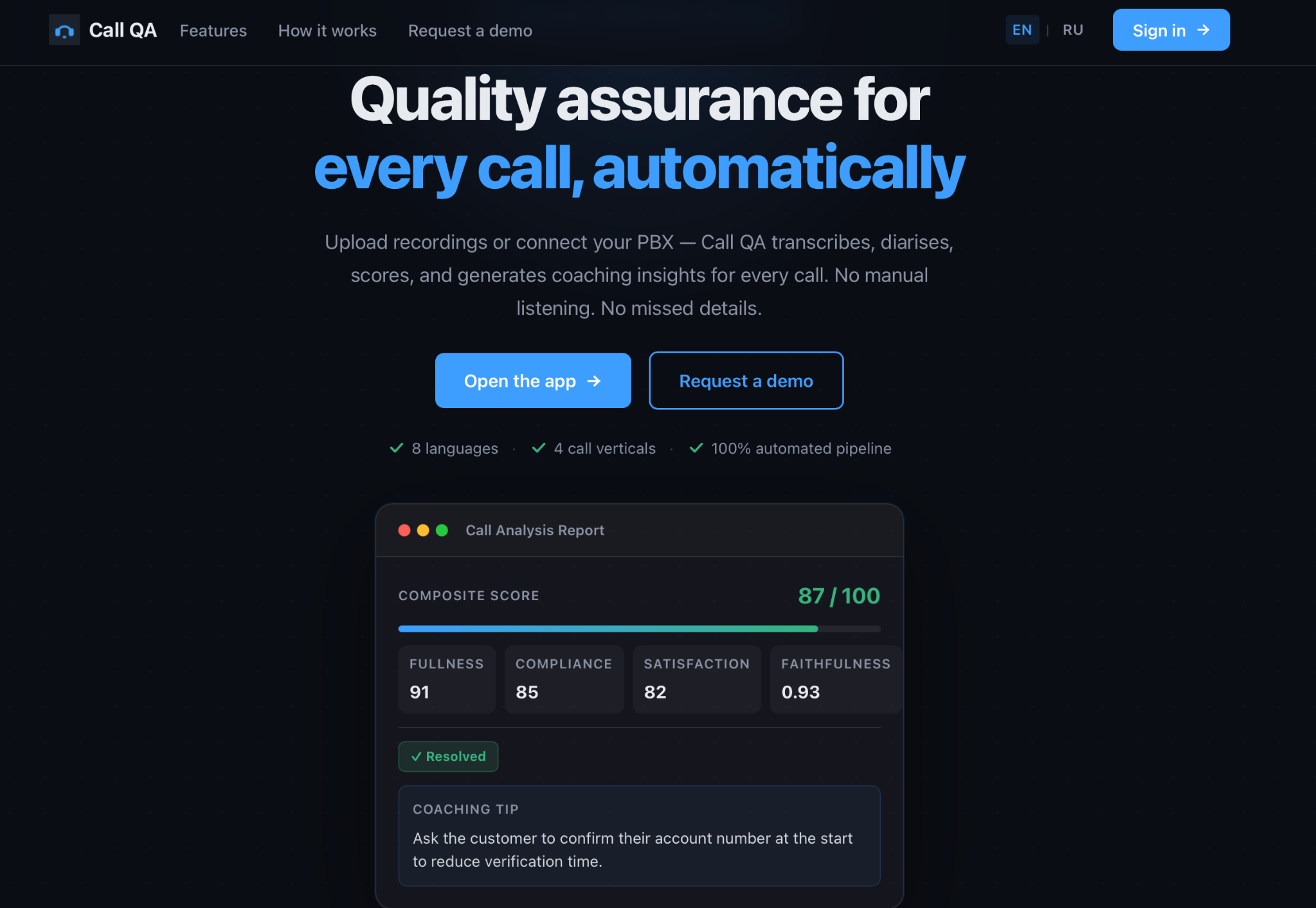 Call QA product interface showing automated call analysis